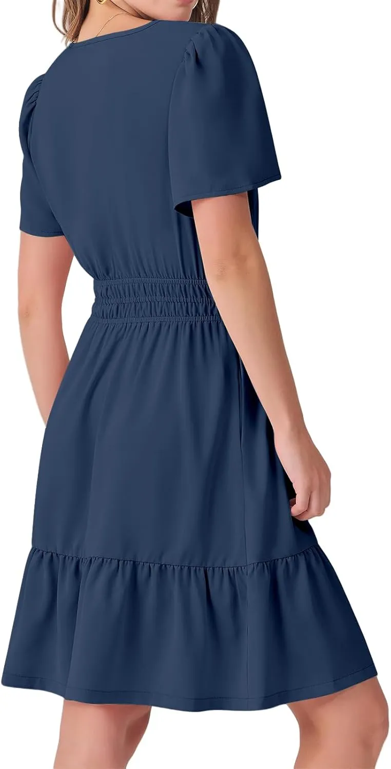 Women's Casual Dresses V Neck Short Sleeve Dress Summer High Waist Ruffle Mini Dresses A-Line Boho Vacation Dress