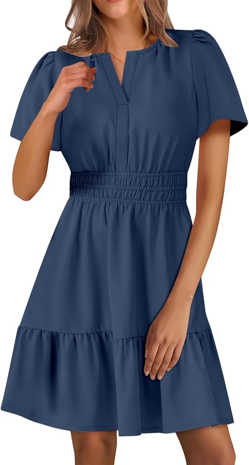Women's Casual Dresses V Neck Short Sleeve Dress Summer High Waist Ruffle Mini Dresses A-Line Boho Vacation Dress