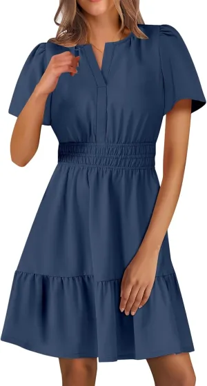 Women's Casual Dresses V Neck Short Sleeve Dress Summer High Waist Ruffle Mini Dresses A-Line Boho Vacation Dress