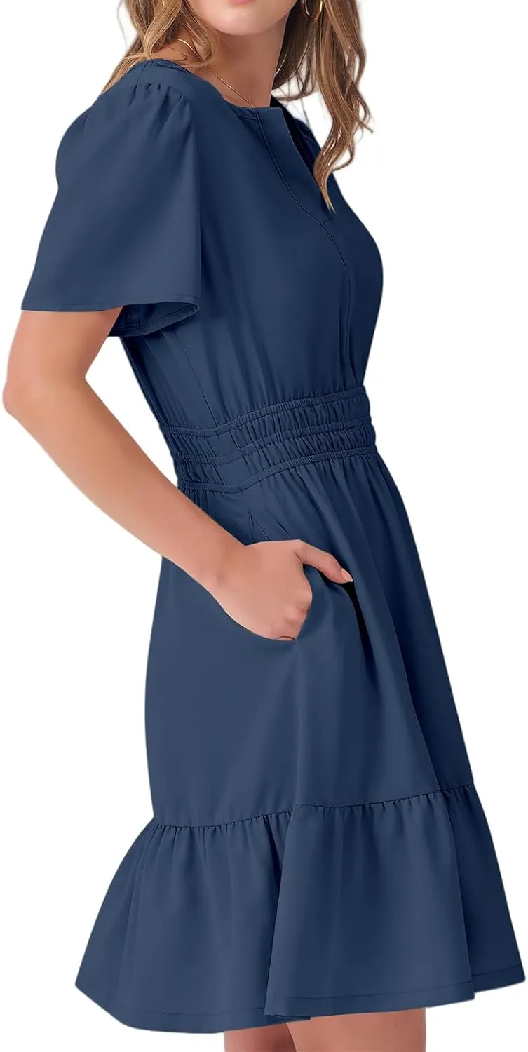 Women's Casual Dresses V Neck Short Sleeve Dress Summer High Waist Ruffle Mini Dresses A-Line Boho Vacation Dress
