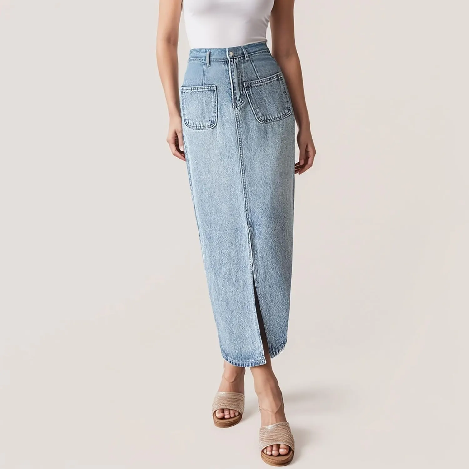 Women's Casual Stretch Waist Washed Denim A-line Slit Maxi Skirt