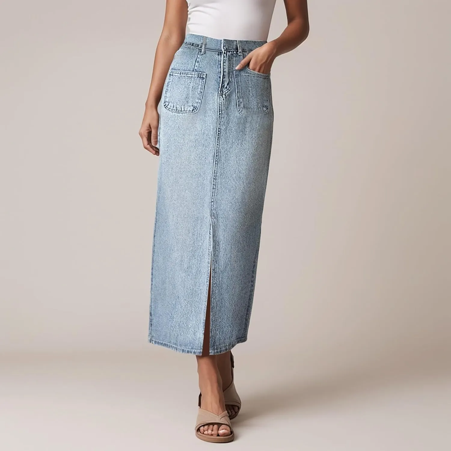 Women's Casual Stretch Waist Washed Denim A-line Slit Maxi Skirt