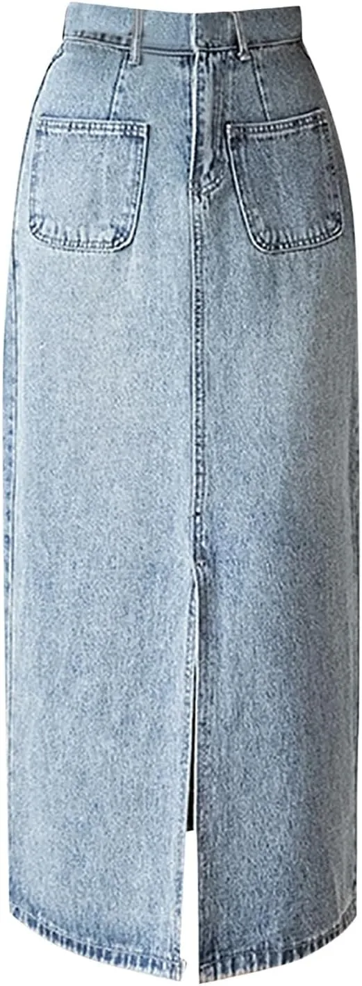 Women's Casual Stretch Waist Washed Denim A-line Slit Maxi Skirt