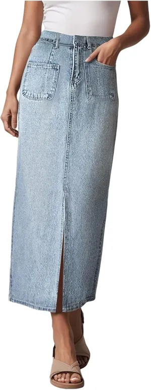 Women's Casual Stretch Waist Washed Denim A-line Slit Maxi Skirt