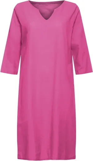 Womens Casual V Neck Cotton Linen Dress Summer Half Sleeve Knee Length Midi Linen Dresses Loose Fit Casual Dress