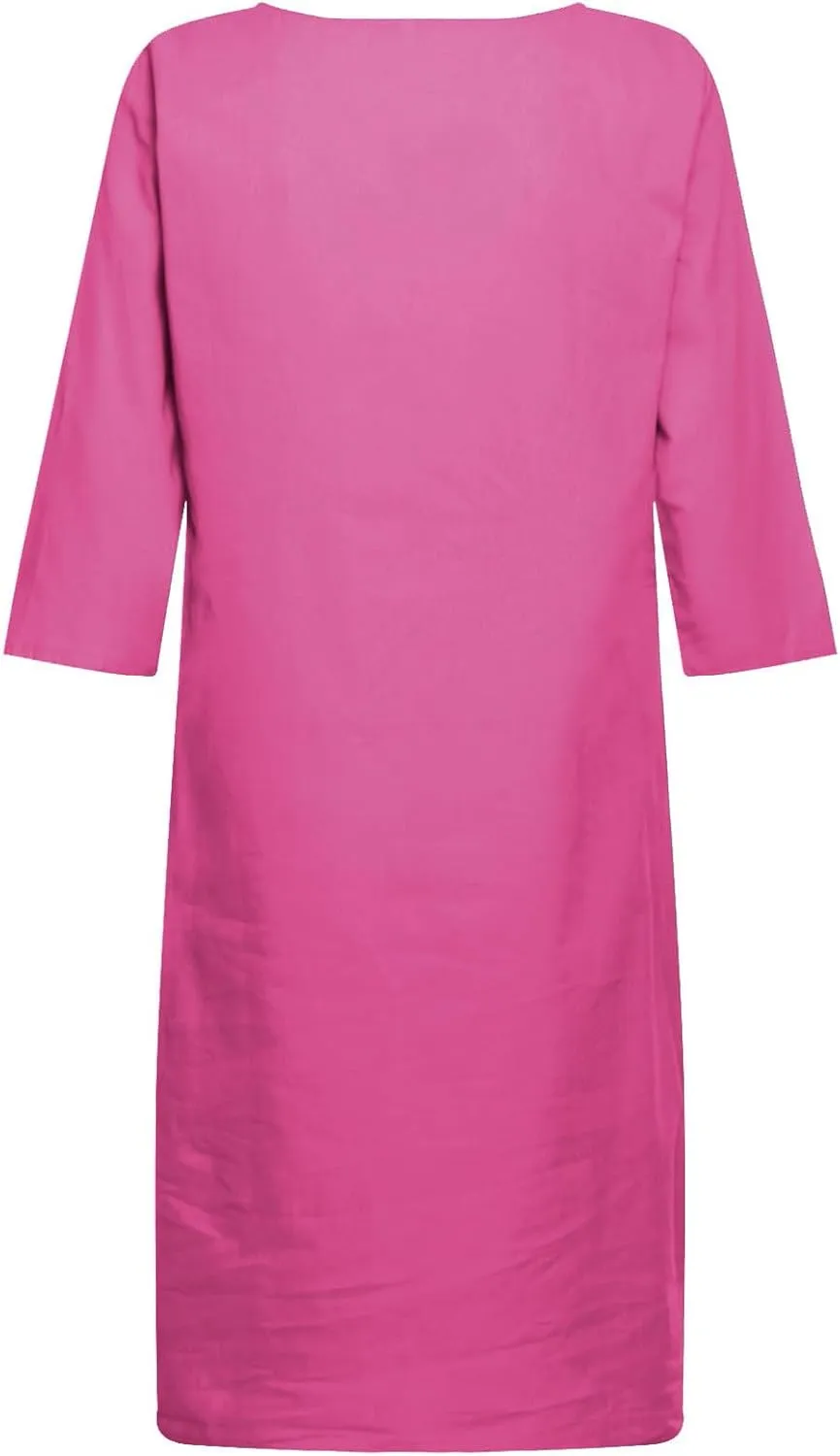 Womens Casual V Neck Cotton Linen Dress Summer Half Sleeve Knee Length Midi Linen Dresses Loose Fit Casual Dress