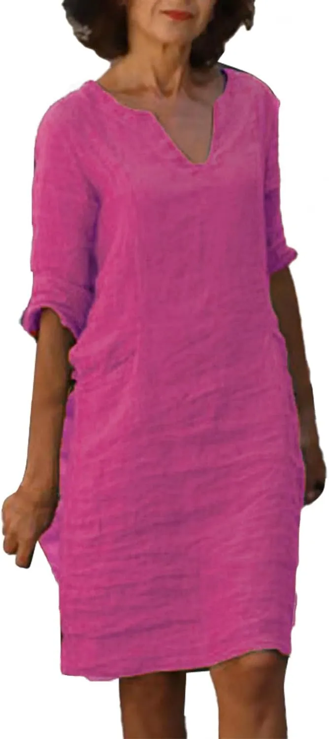 Womens Casual V Neck Cotton Linen Dress Summer Half Sleeve Knee Length Midi Linen Dresses Loose Fit Casual Dress