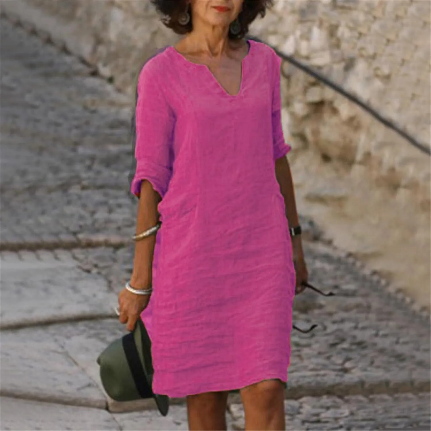 Womens Casual V Neck Cotton Linen Dress Summer Half Sleeve Knee Length Midi Linen Dresses Loose Fit Casual Dress