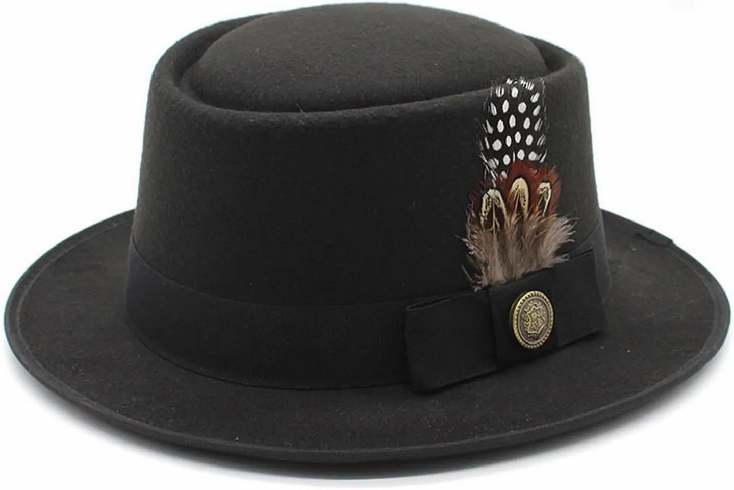 Womens Classic Flat Top British Style Fedora Hats Wide Brim Felt Boater Church Derby Hat Pork Pie Jazz Hats with Belt