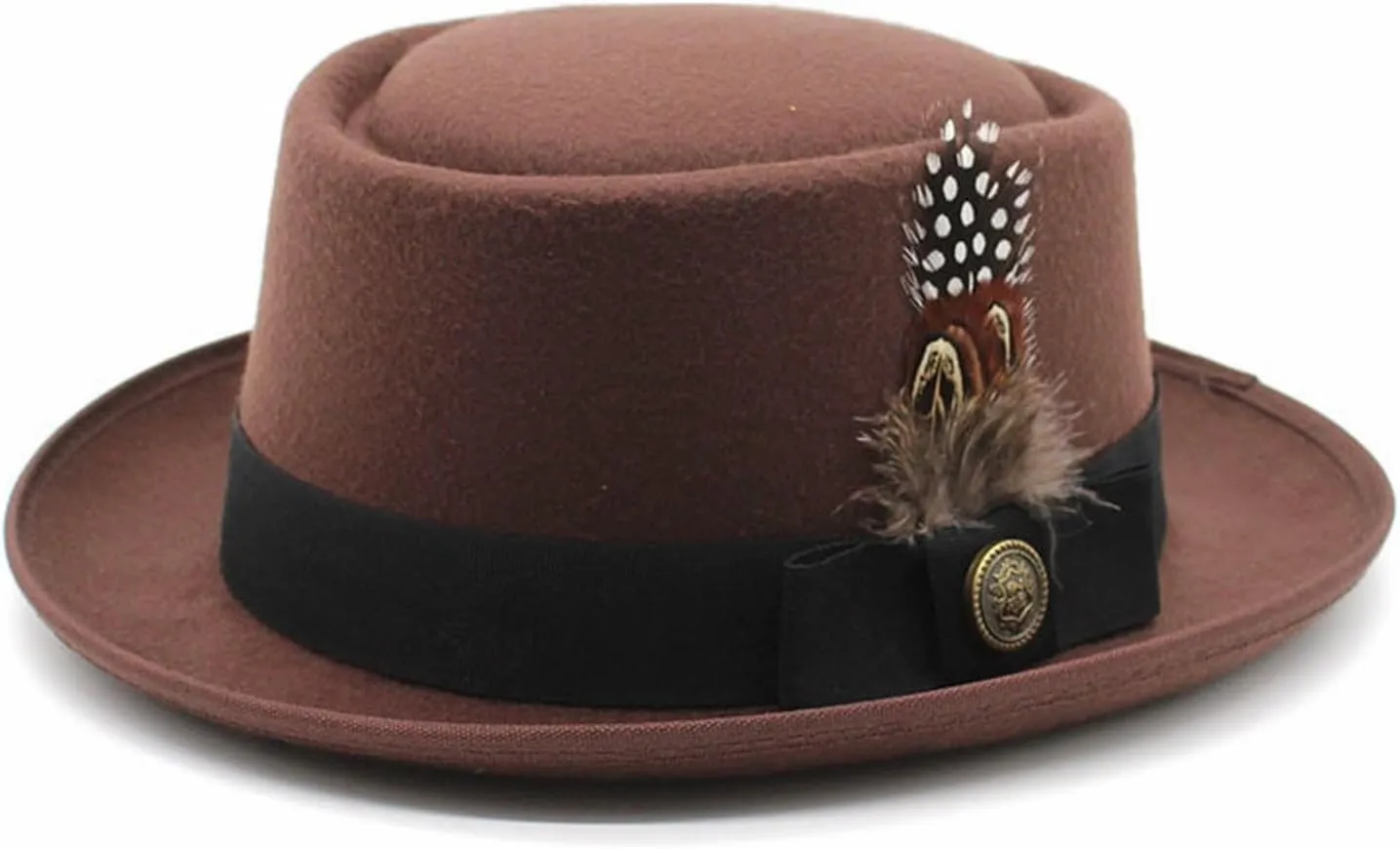 Womens Classic Flat Top British Style Fedora Hats Wide Brim Felt Boater Church Derby Hat Pork Pie Jazz Hats with Belt