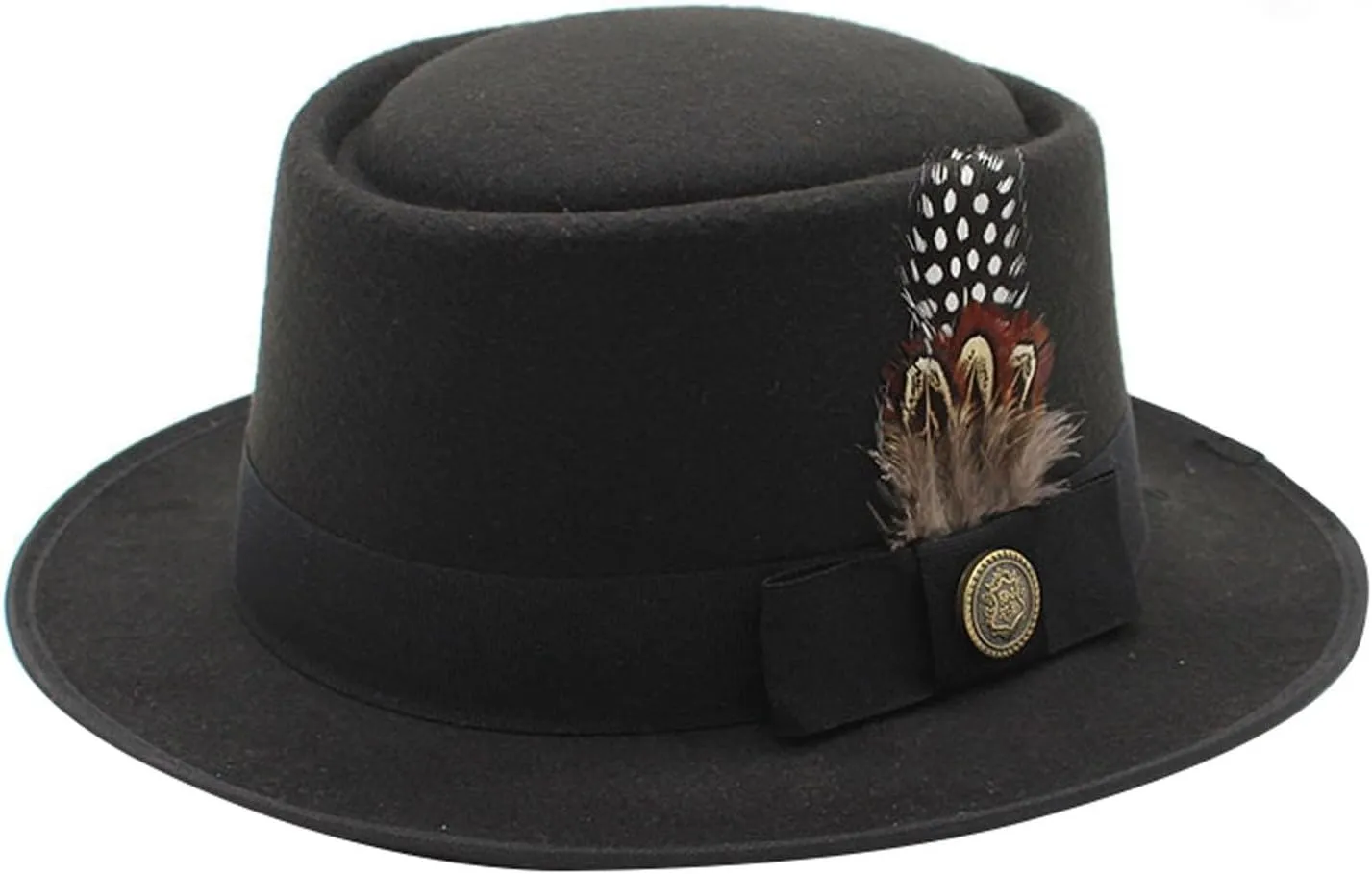 Womens Classic Flat Top British Style Fedora Hats Wide Brim Felt Boater Church Derby Hat Pork Pie Jazz Hats with Belt