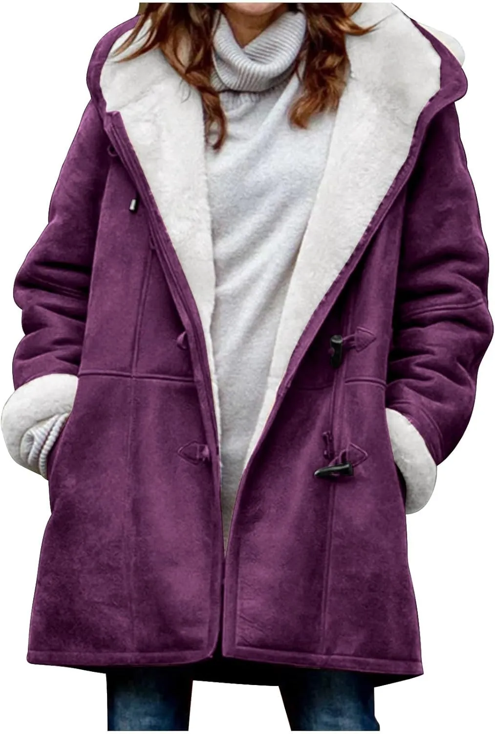 Womens Coats Plus Size Winter 2024 Warm Sherpa Fleece Lined Distressed Jackets Hooded Parka Faux Suede Pea Coat Outerwear