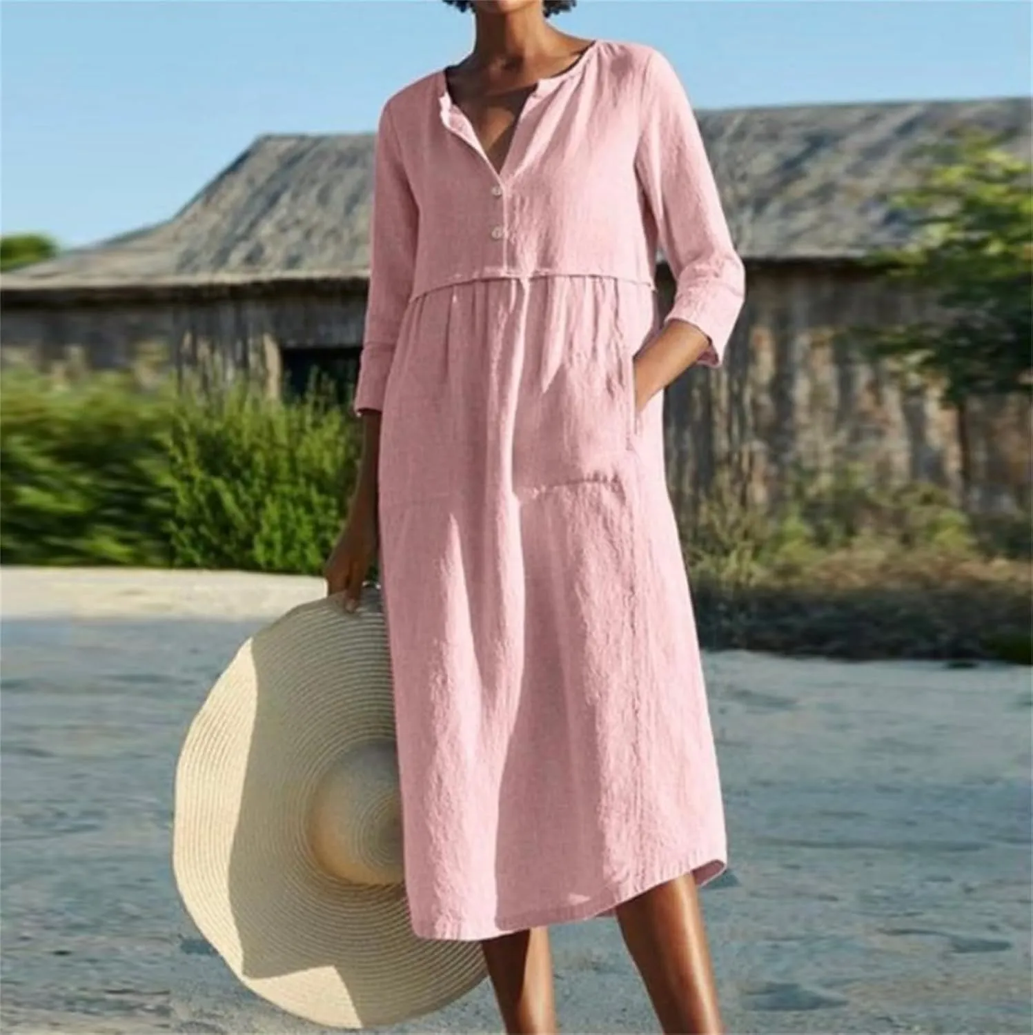 Womens Cotton Linen Dresses 3/4 Sleeve Maxi Long Dress Round Neck Button Casual Dress Casual Plain Loungewear Dresses