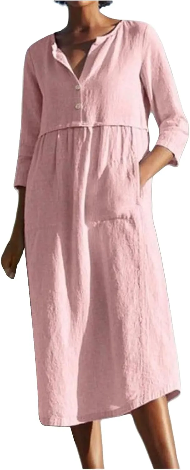 Womens Cotton Linen Dresses 3/4 Sleeve Maxi Long Dress Round Neck Button Casual Dress Casual Plain Loungewear Dresses