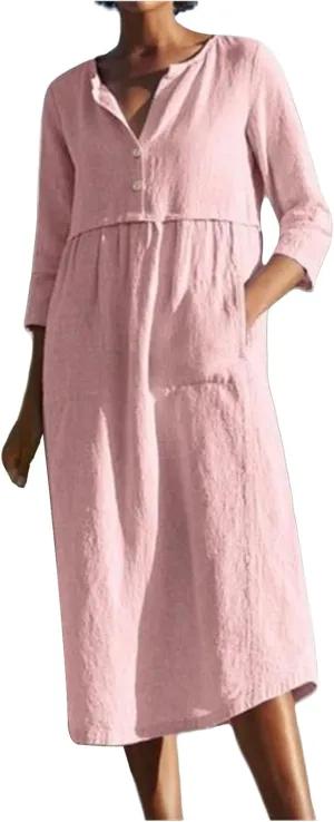 Womens Cotton Linen Dresses 3/4 Sleeve Maxi Long Dress Round Neck Button Casual Dress Casual Plain Loungewear Dresses
