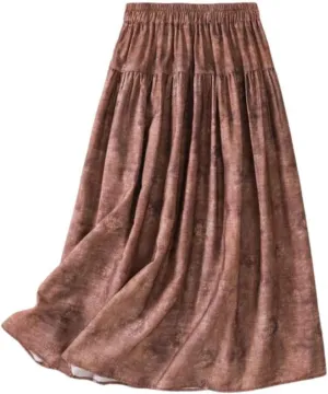 Women's Cotton Linen Skirt, Summer Boho Floral Print Flowy Midi Skirts Elastic Waist Loose Comfy Casual Skirts