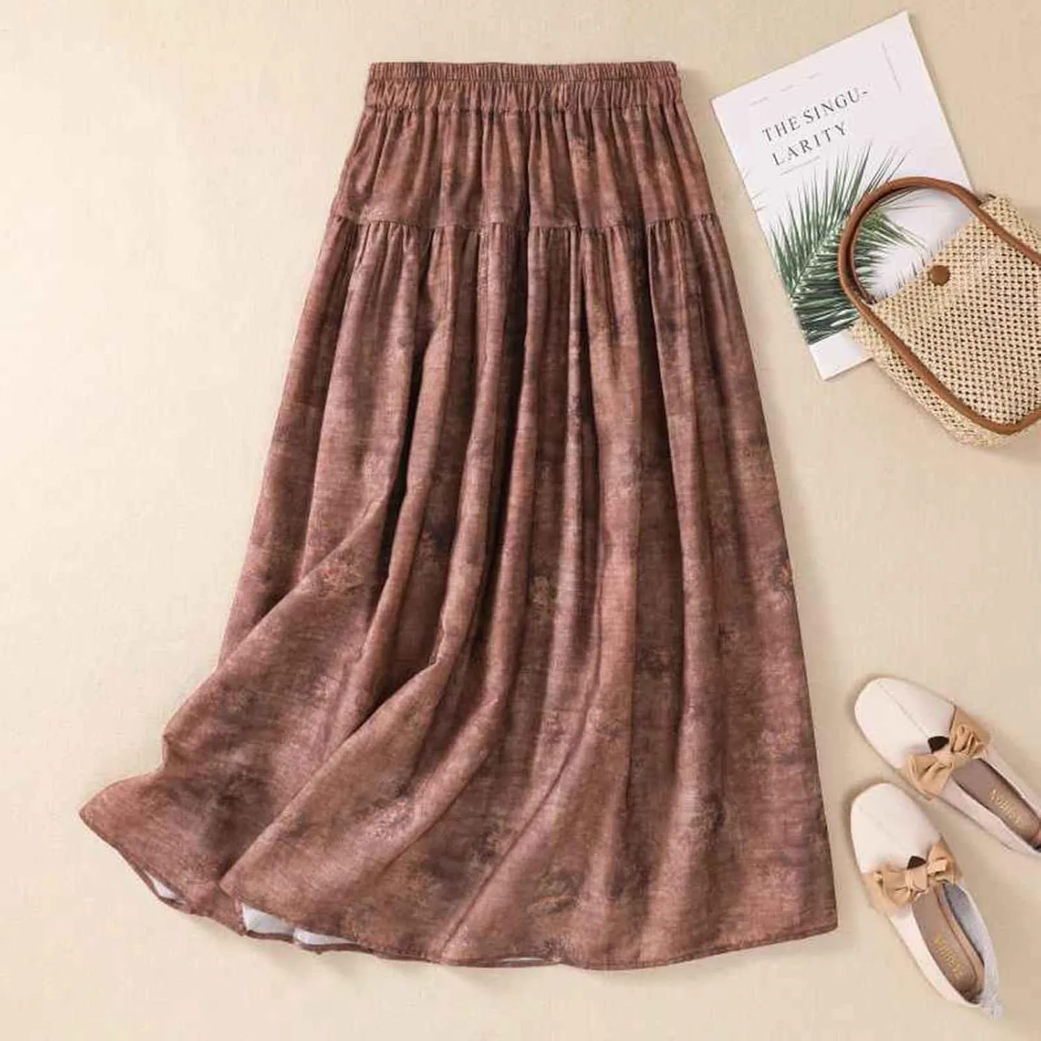 Women's Cotton Linen Skirt, Summer Boho Floral Print Flowy Midi Skirts Elastic Waist Loose Comfy Casual Skirts