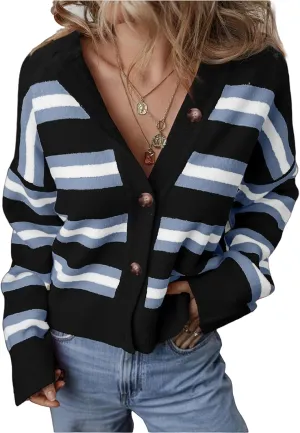 Womens Cropped Striped Cardigan Trendy Knit Color Block Long Sleeve Sweater Lightweight Open Front Button Coat Tops