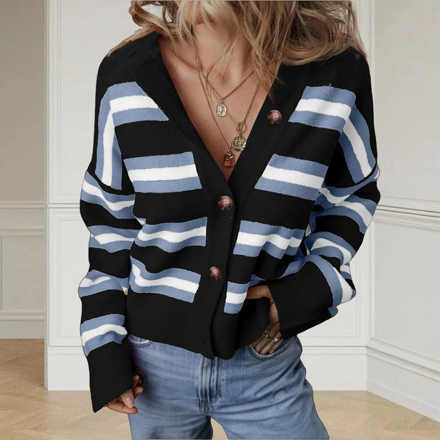 Womens Cropped Striped Cardigan Trendy Knit Color Block Long Sleeve Sweater Lightweight Open Front Button Coat Tops
