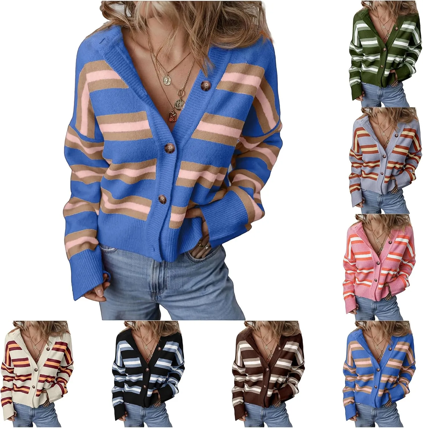 Womens Cropped Striped Cardigan Trendy Knit Color Block Long Sleeve Sweater Lightweight Open Front Button Coat Tops