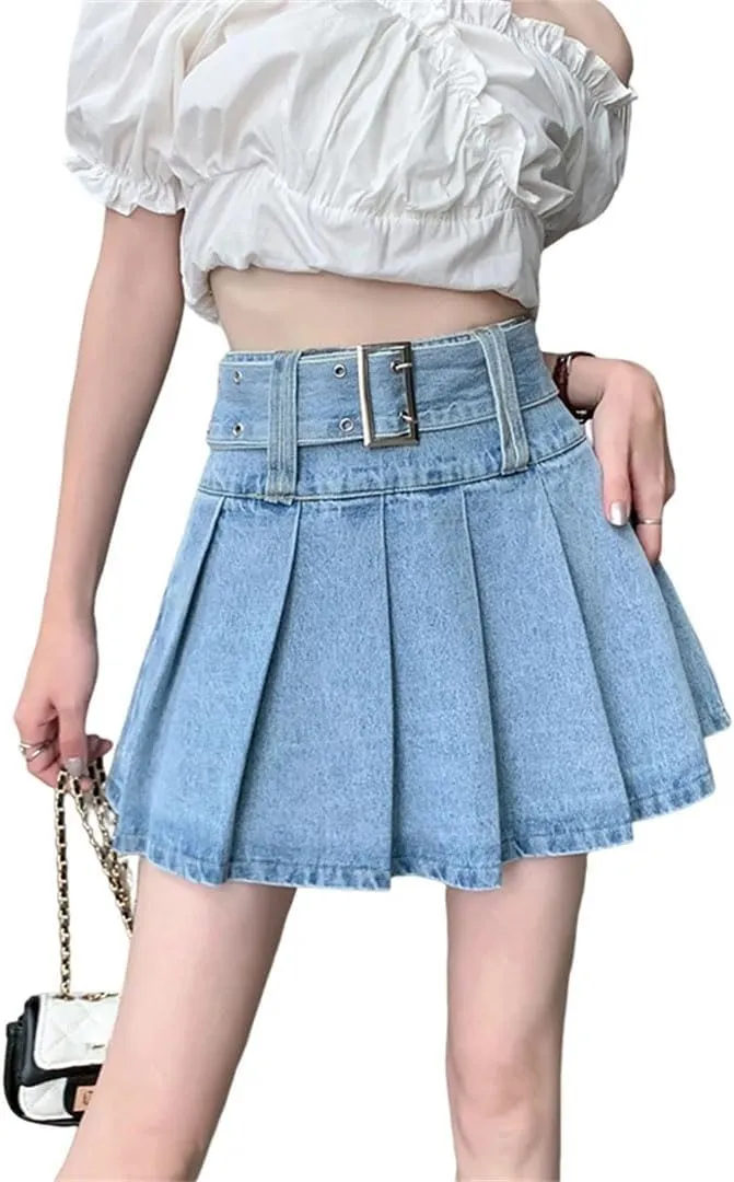Women's Denim Pleated Skirts Spring Summer High Waist A-Line Mini Skirts