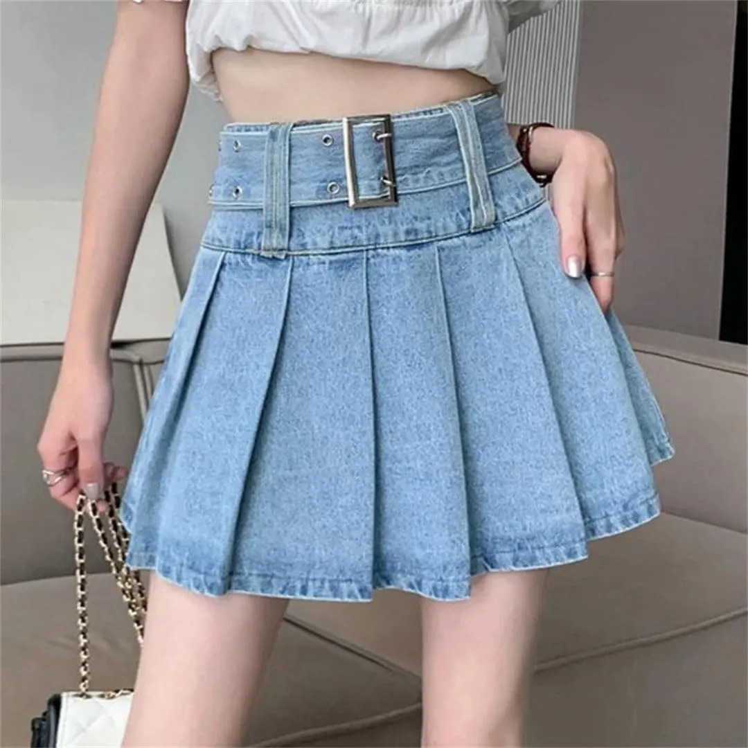Women's Denim Pleated Skirts Spring Summer High Waist A-Line Mini Skirts