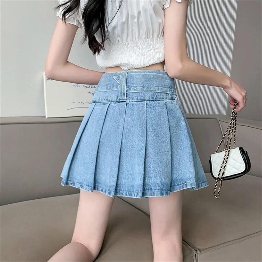 Women's Denim Pleated Skirts Spring Summer High Waist A-Line Mini Skirts