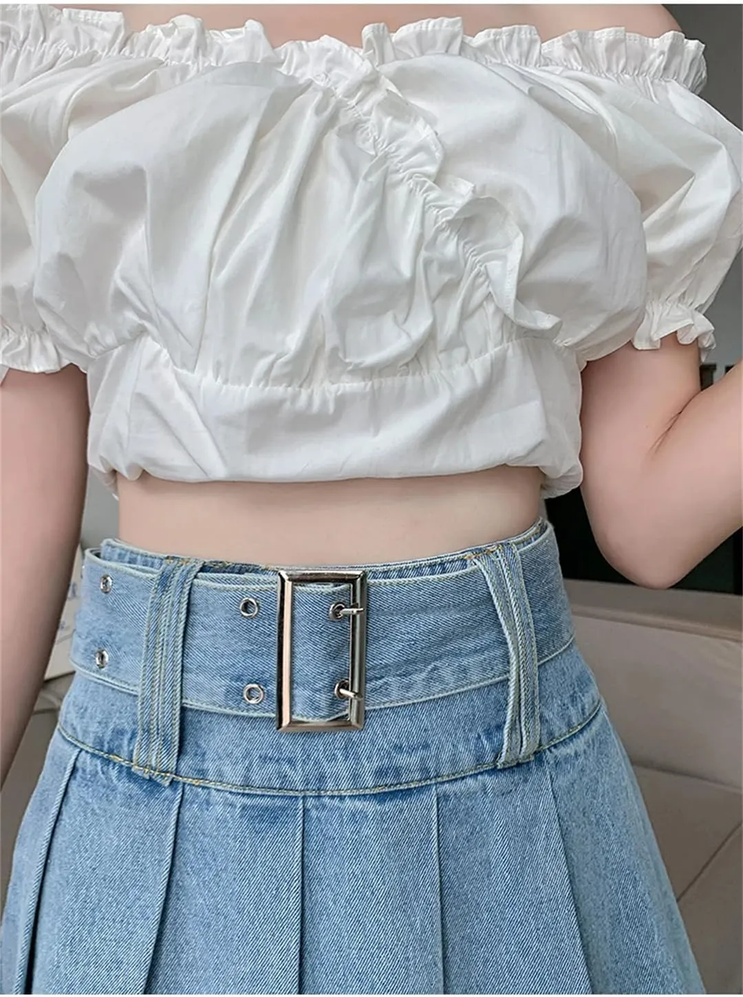 Women's Denim Pleated Skirts Spring Summer High Waist A-Line Mini Skirts