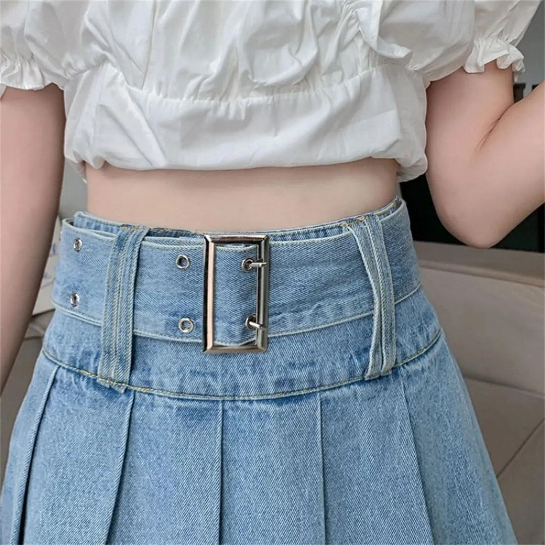 Women's Denim Pleated Skirts Spring Summer High Waist A-Line Mini Skirts