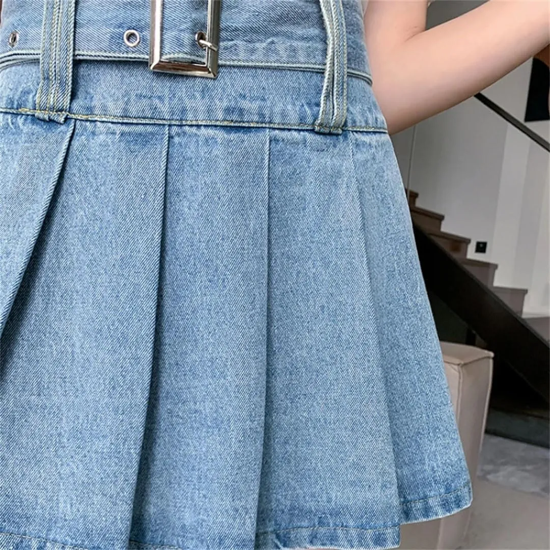 Women's Denim Pleated Skirts Spring Summer High Waist A-Line Mini Skirts