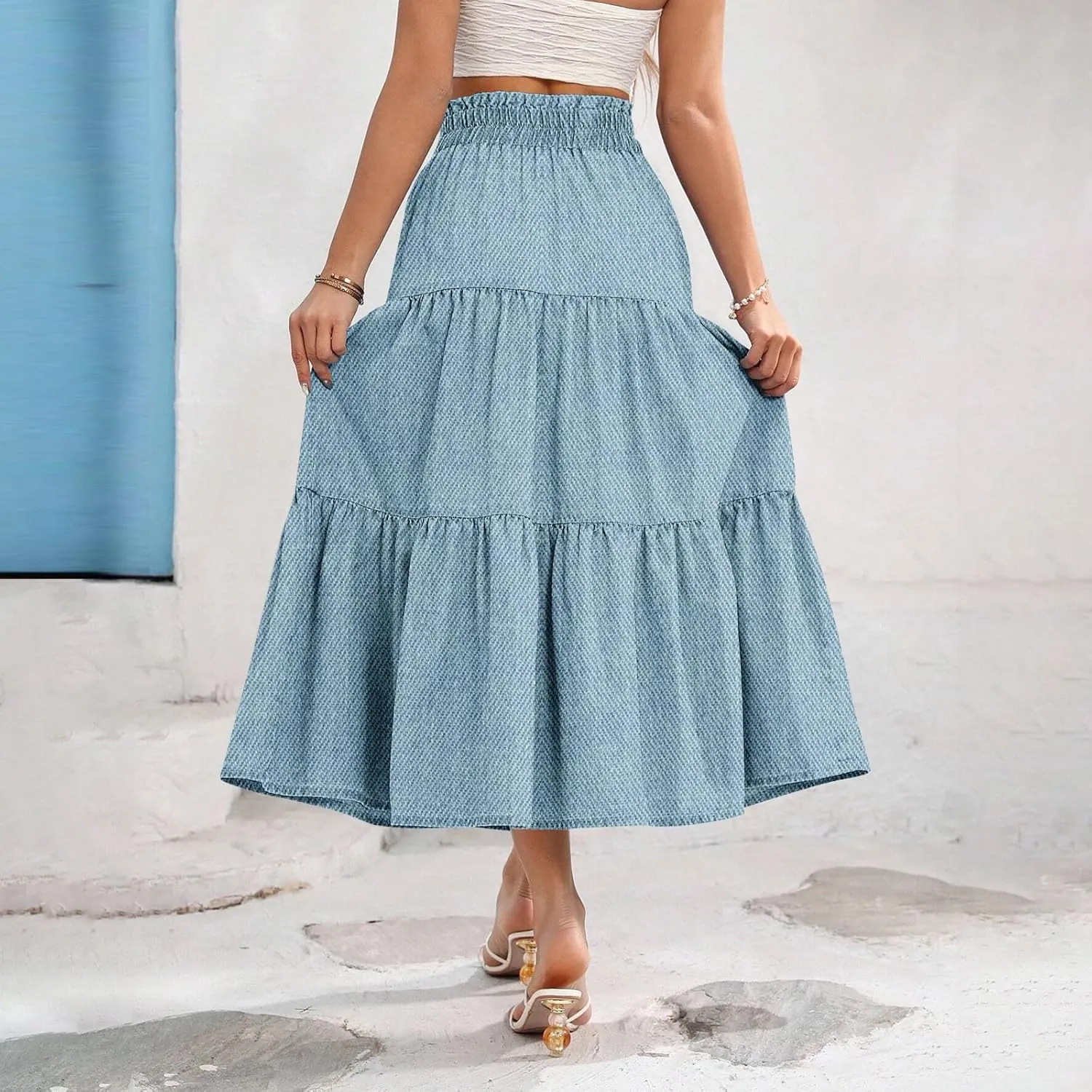 Women's Drawstring Elastic Waist Midi Skirt Solid Color Pleated A Line Tiered Skirts Beach Vacation Flowy Skirt