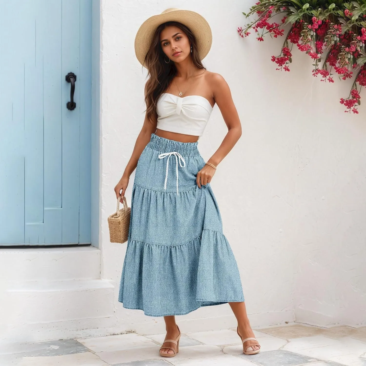 Women's Drawstring Elastic Waist Midi Skirt Solid Color Pleated A Line Tiered Skirts Beach Vacation Flowy Skirt