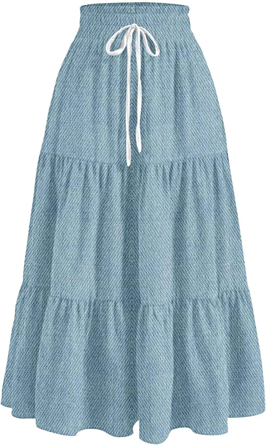Women's Drawstring Elastic Waist Midi Skirt Solid Color Pleated A Line Tiered Skirts Beach Vacation Flowy Skirt