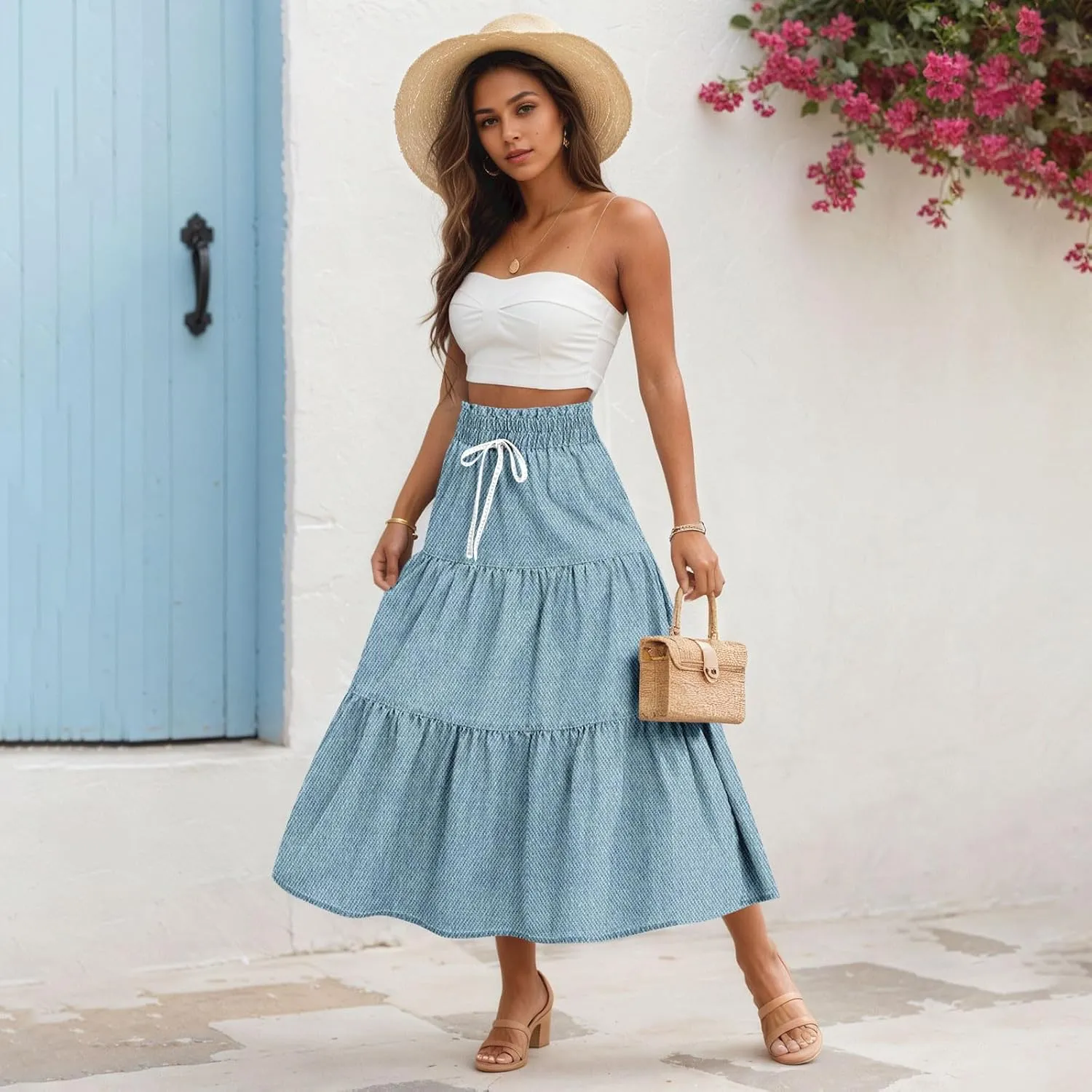 Women's Drawstring Elastic Waist Midi Skirt Solid Color Pleated A Line Tiered Skirts Beach Vacation Flowy Skirt