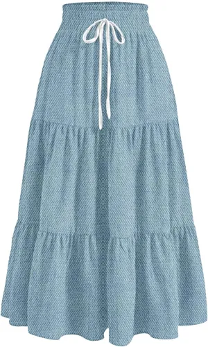 Women's Drawstring Elastic Waist Midi Skirt Solid Color Pleated A Line Tiered Skirts Beach Vacation Flowy Skirt