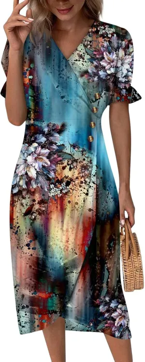 Women's Dresses Casual Summer V Neck Short Sleeve Polka Dot Floral Wrap Hem Midi Dress 2025 Woman Casual, S-3XL