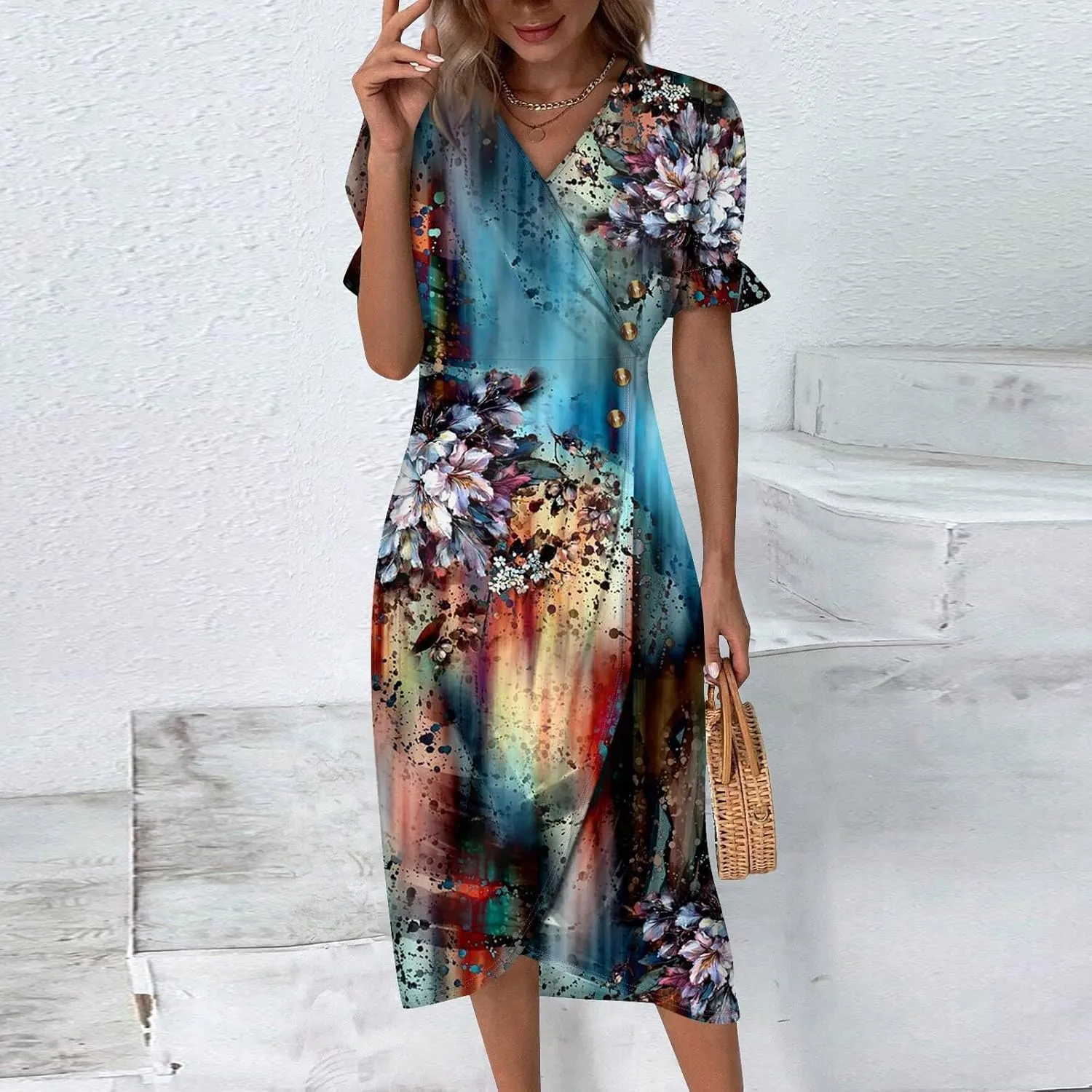Women's Dresses Casual Summer V Neck Short Sleeve Polka Dot Floral Wrap Hem Midi Dress 2025 Woman Casual, S-3XL