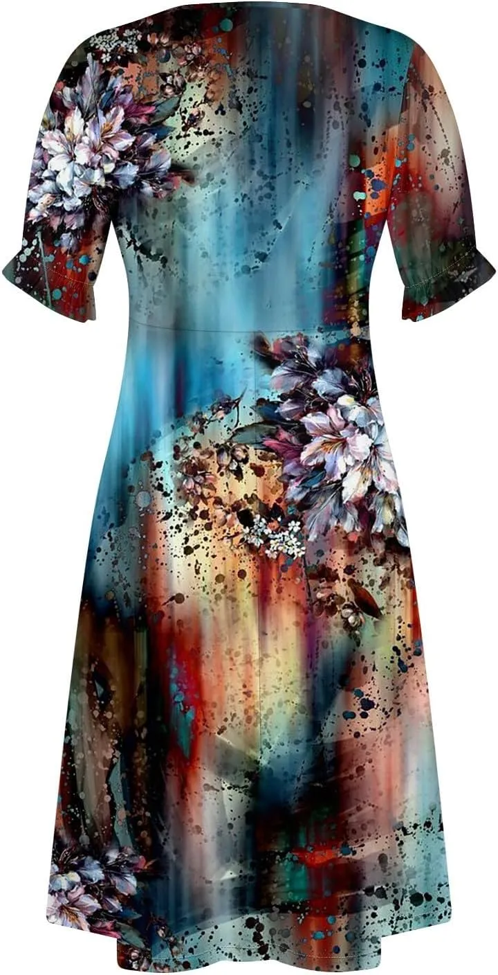 Women's Dresses Casual Summer V Neck Short Sleeve Polka Dot Floral Wrap Hem Midi Dress 2025 Woman Casual, S-3XL