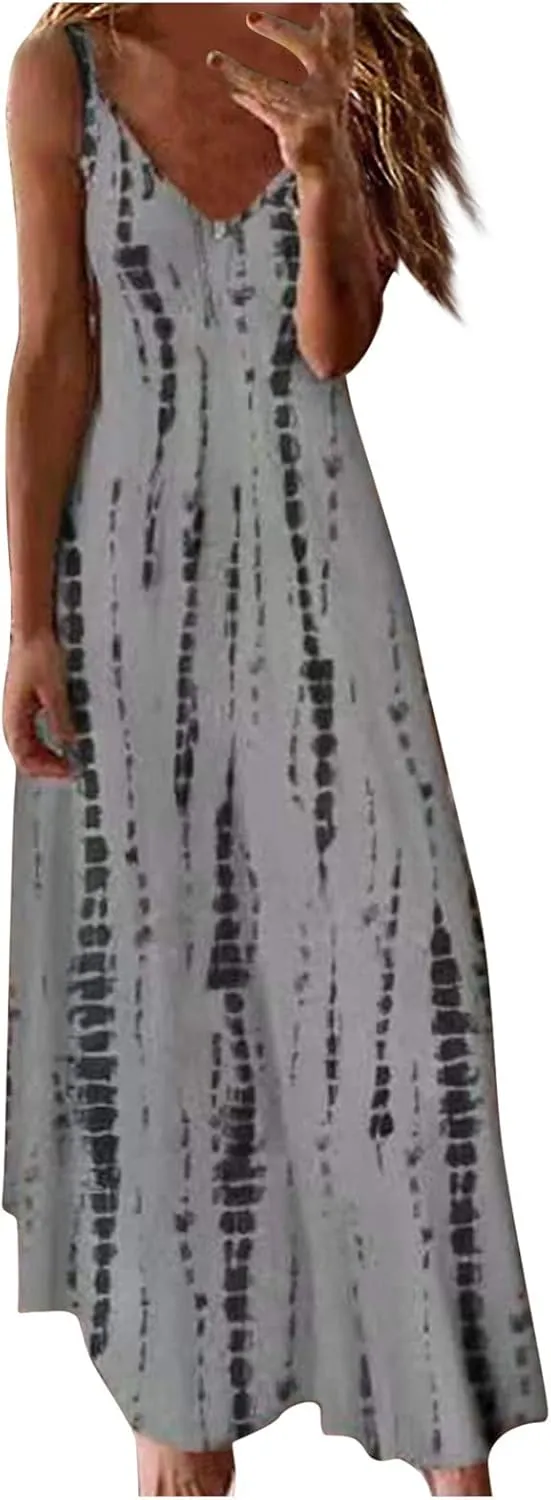 Women's Dresses Summer 2024 Sleeveless Loose Maxi Dresses Casual Tie-Dye Print Long Dress Casual, S-5XL