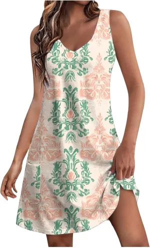 Womens Elegant Summer Dresses Casual Floral Printed V-Neck Tank Dress Loose Beach Vacation Flowy A-Line Sundresses