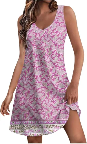 Womens Elegant Summer Dresses Casual Floral Printed V-Neck Tank Dress Loose Beach Vacation Flowy A-Line Sundresses