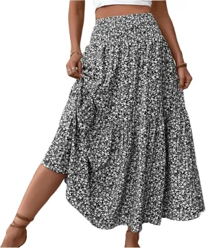 Women's Floral Midi Skirt with Pockets High Elastic Waist Flowy Ruffle Casual Summer Boho Aline Skirts