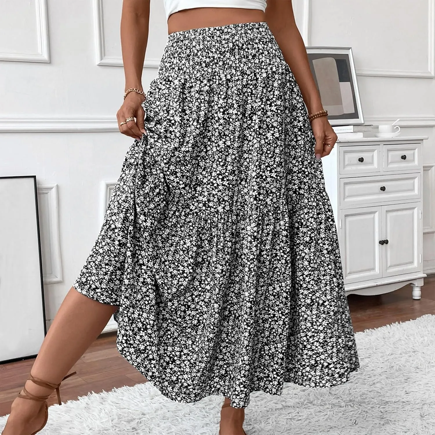 Women's Floral Midi Skirt with Pockets High Elastic Waist Flowy Ruffle Casual Summer Boho Aline Skirts