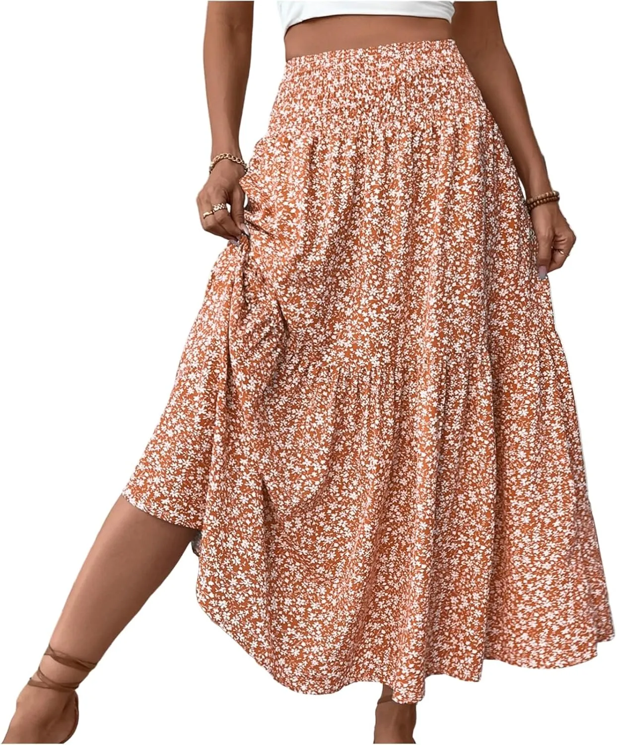 Women's Floral Midi Skirt with Pockets High Elastic Waist Flowy Ruffle Casual Summer Boho Aline Skirts