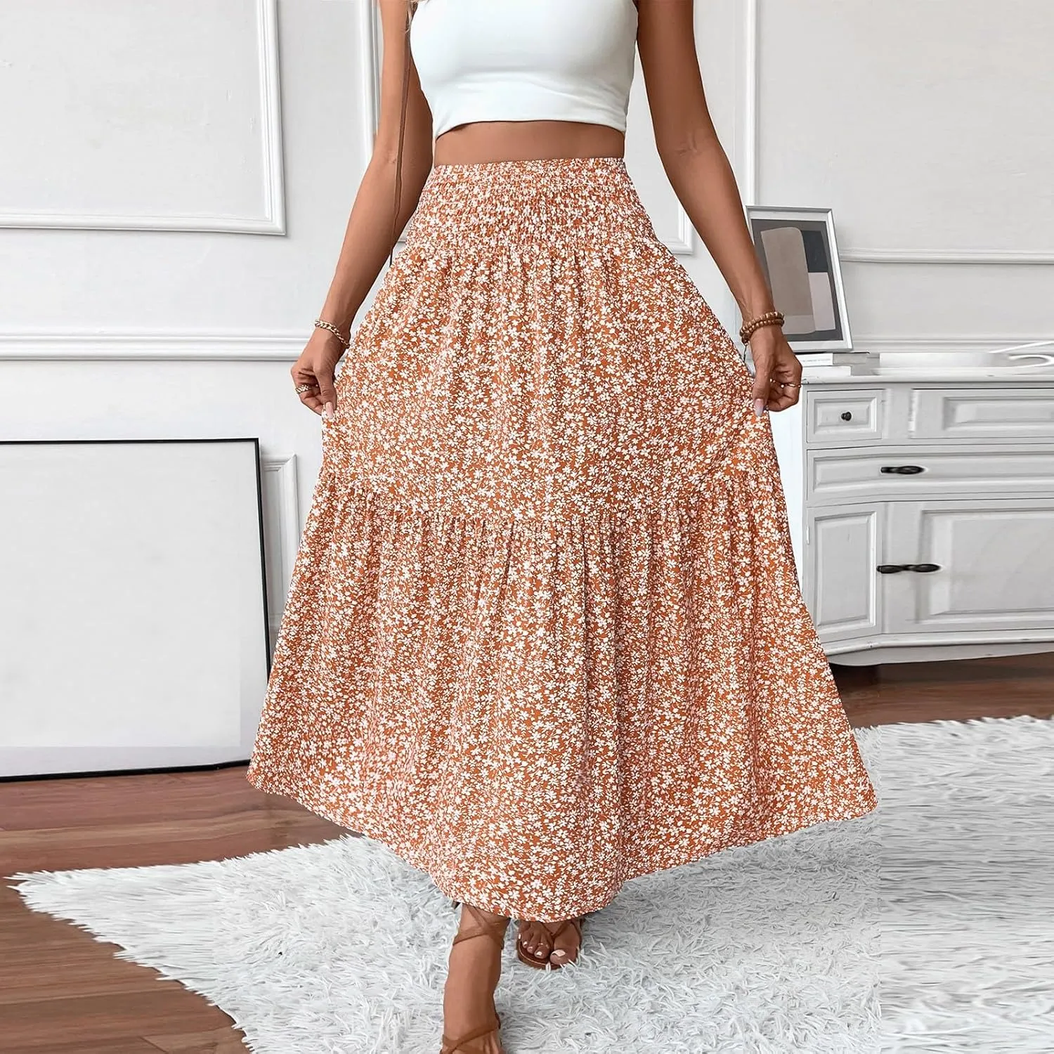 Women's Floral Midi Skirt with Pockets High Elastic Waist Flowy Ruffle Casual Summer Boho Aline Skirts