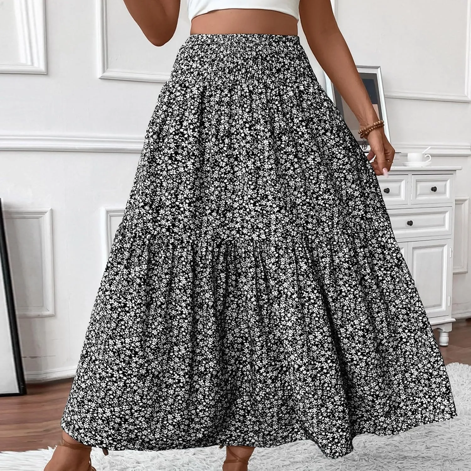 Women's Floral Midi Skirt with Pockets High Elastic Waist Flowy Ruffle Casual Summer Boho Aline Skirts