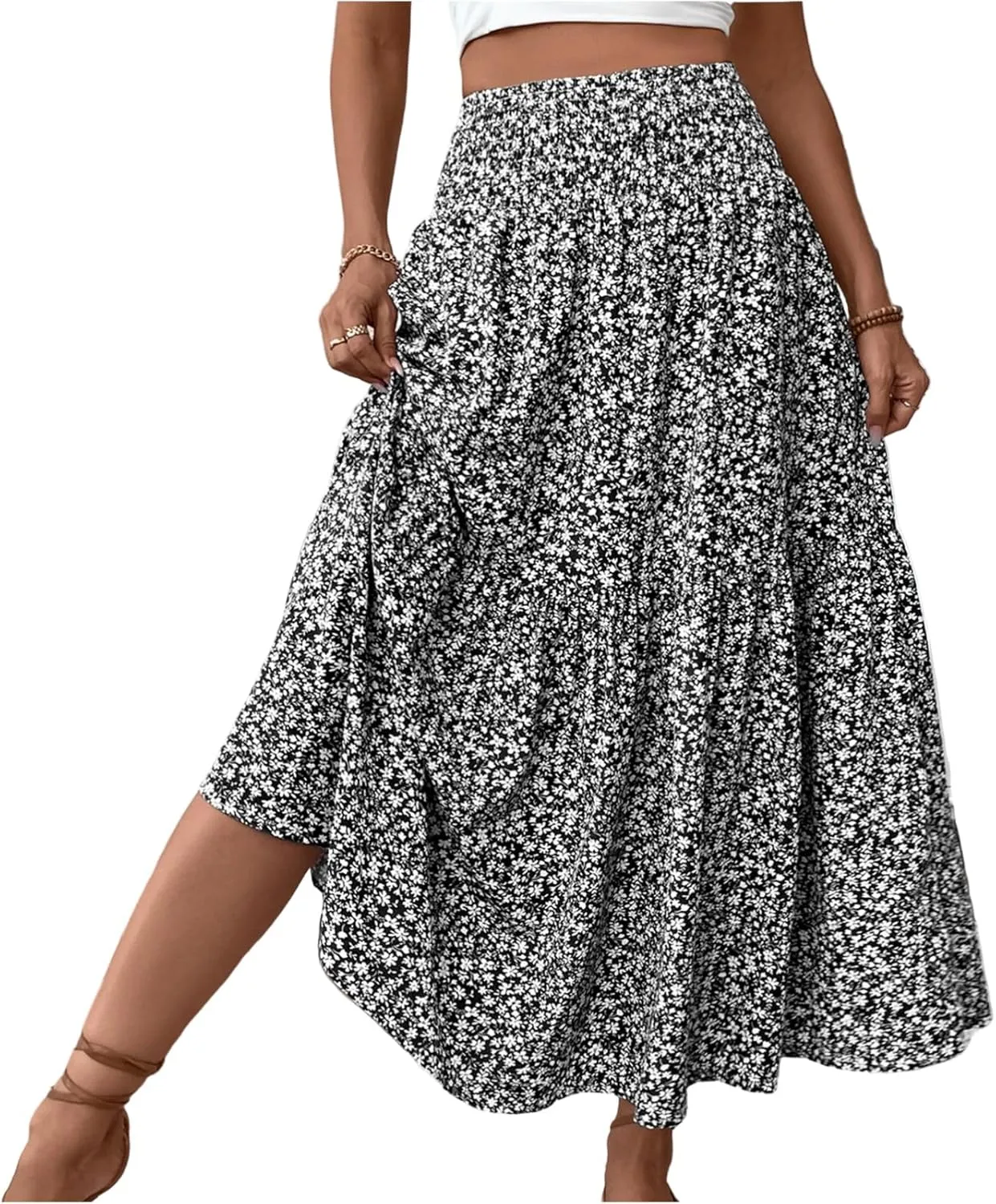 Women's Floral Midi Skirt with Pockets High Elastic Waist Flowy Ruffle Casual Summer Boho Aline Skirts