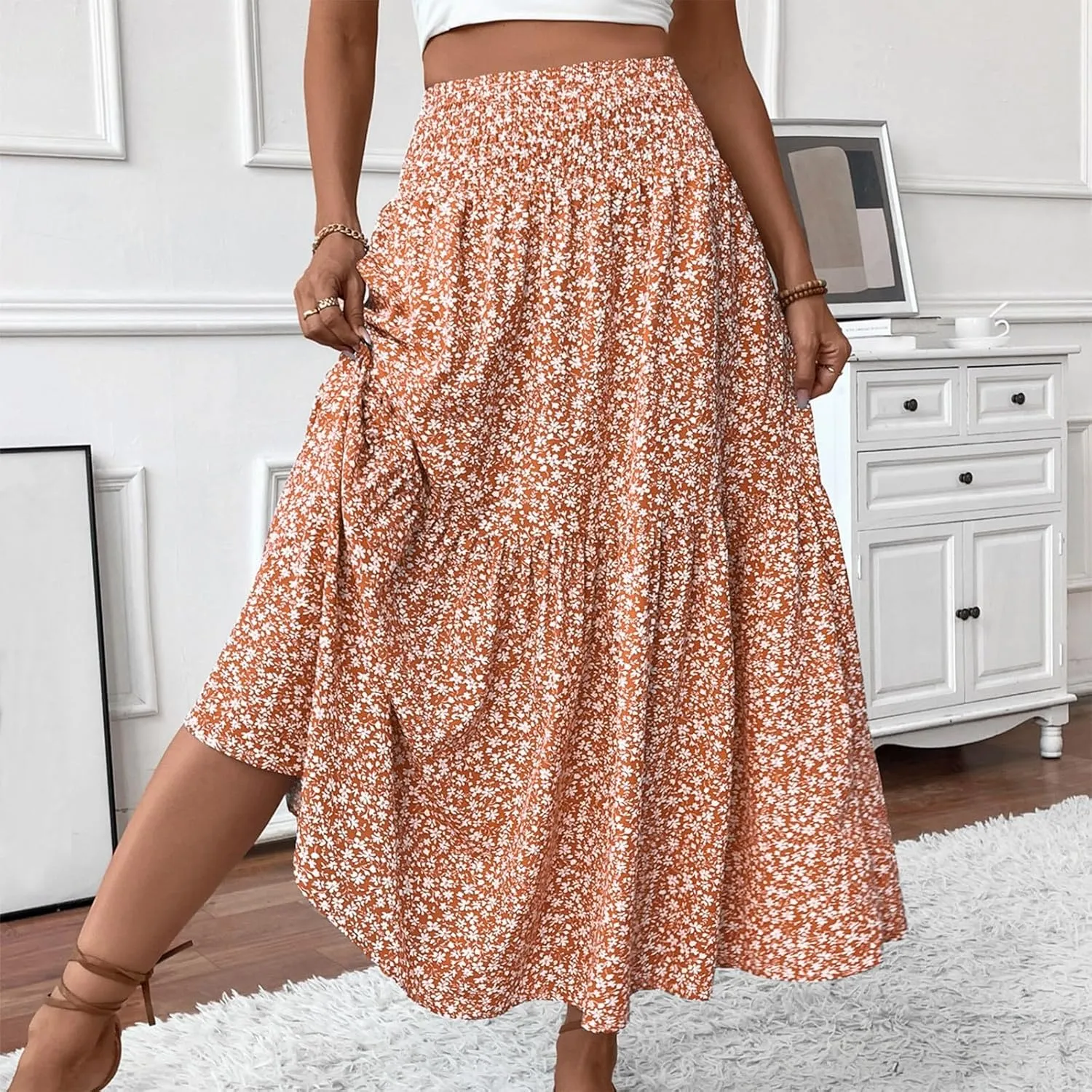 Women's Floral Midi Skirt with Pockets High Elastic Waist Flowy Ruffle Casual Summer Boho Aline Skirts