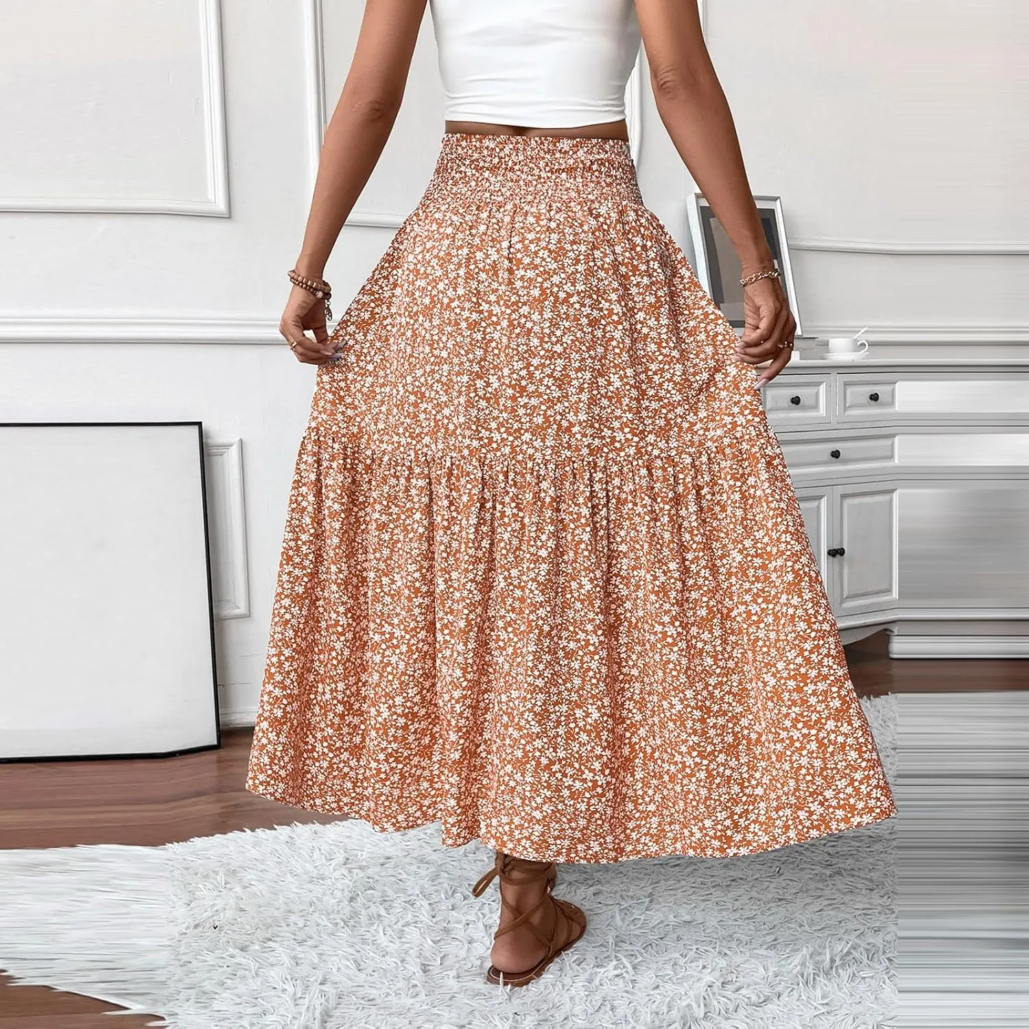 Women's Floral Midi Skirt with Pockets High Elastic Waist Flowy Ruffle Casual Summer Boho Aline Skirts