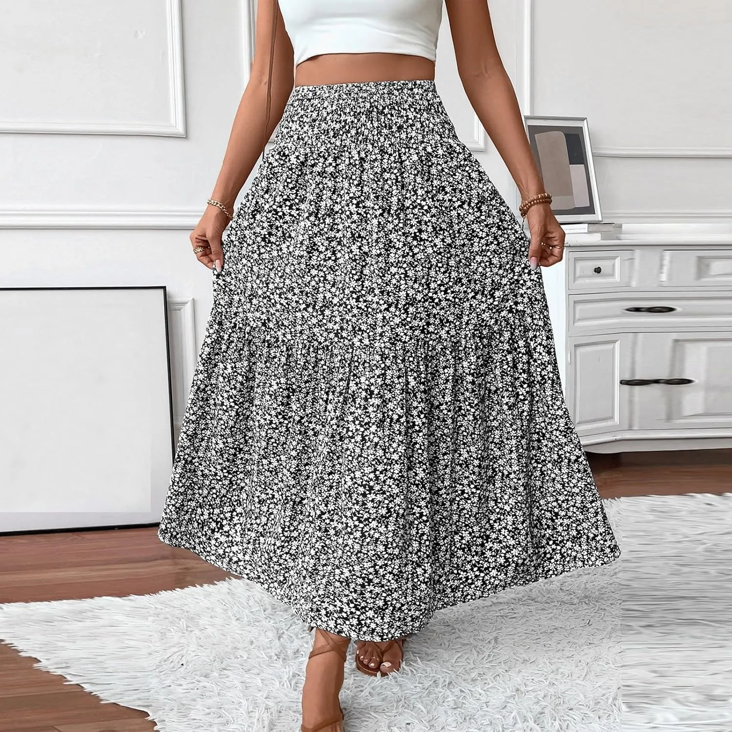 Women's Floral Midi Skirt with Pockets High Elastic Waist Flowy Ruffle Casual Summer Boho Aline Skirts